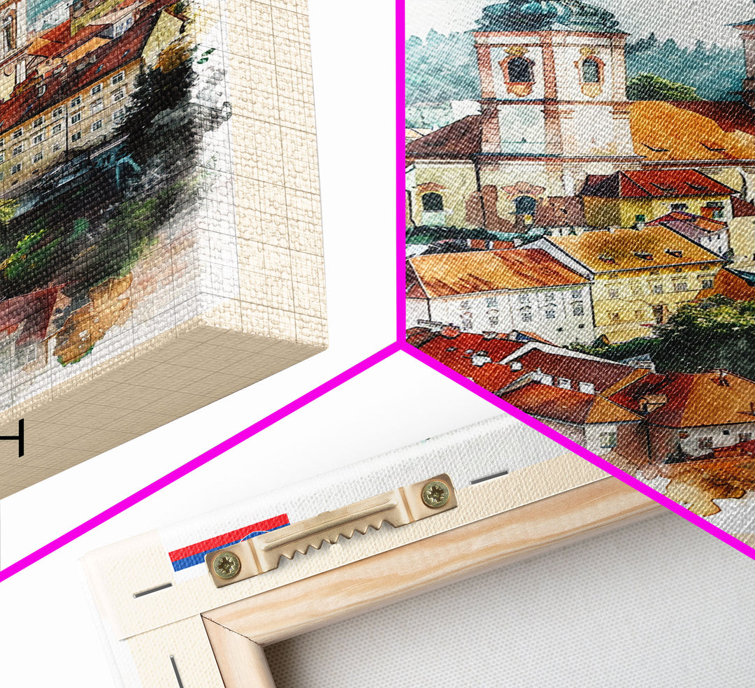 Trencin Slovakia Travel Poster Framed Canvas Print, Watercolor Painting, Scenic Wall Art, Home Decor, Slovakian Landscape, Alpine Decor