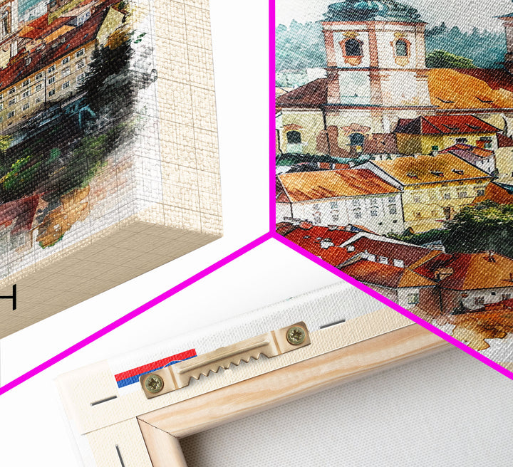 Trencin Slovakia Travel Poster Framed Canvas Print, Watercolor Painting, Scenic Wall Art, Home Decor, Slovakian Landscape, Alpine Decor