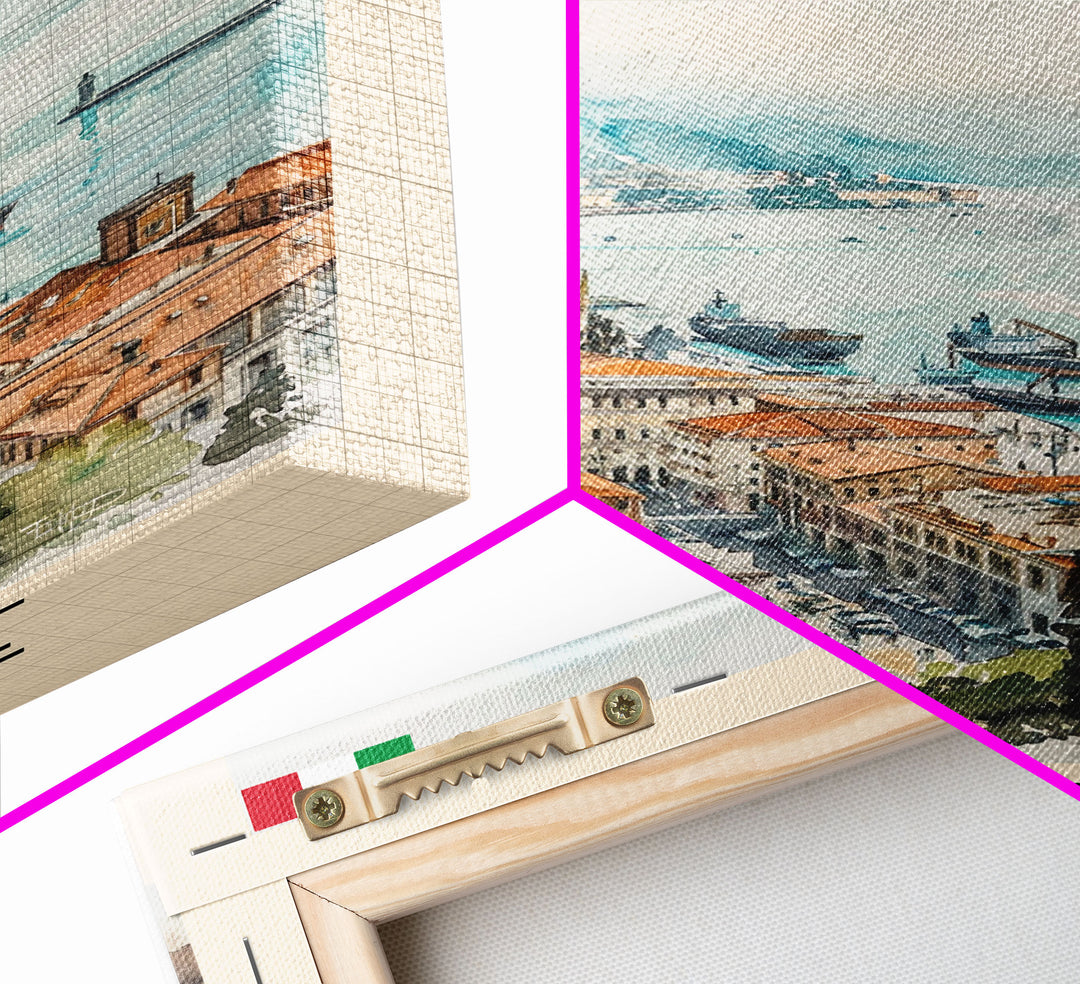 Trieste Italy Travel Poster Framed Canvas Print, Watercolor Painting, Coastal Wall Art, Home Decor, Italian Seaside, Nautical Art