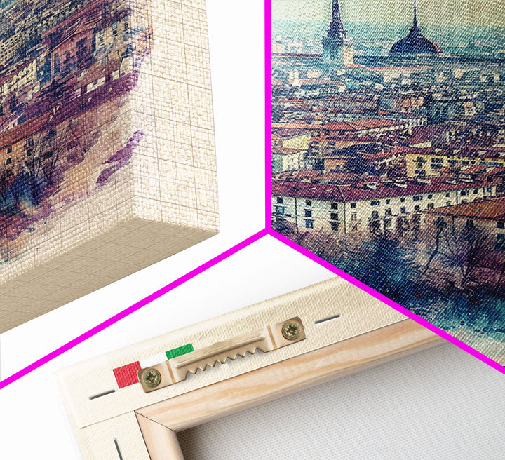 Turin Italy Travel Poster Framed Canvas Print, Watercolor Painting, Urban Wall Art, Home Decor, Italian Cityscape, Vintage Decor
