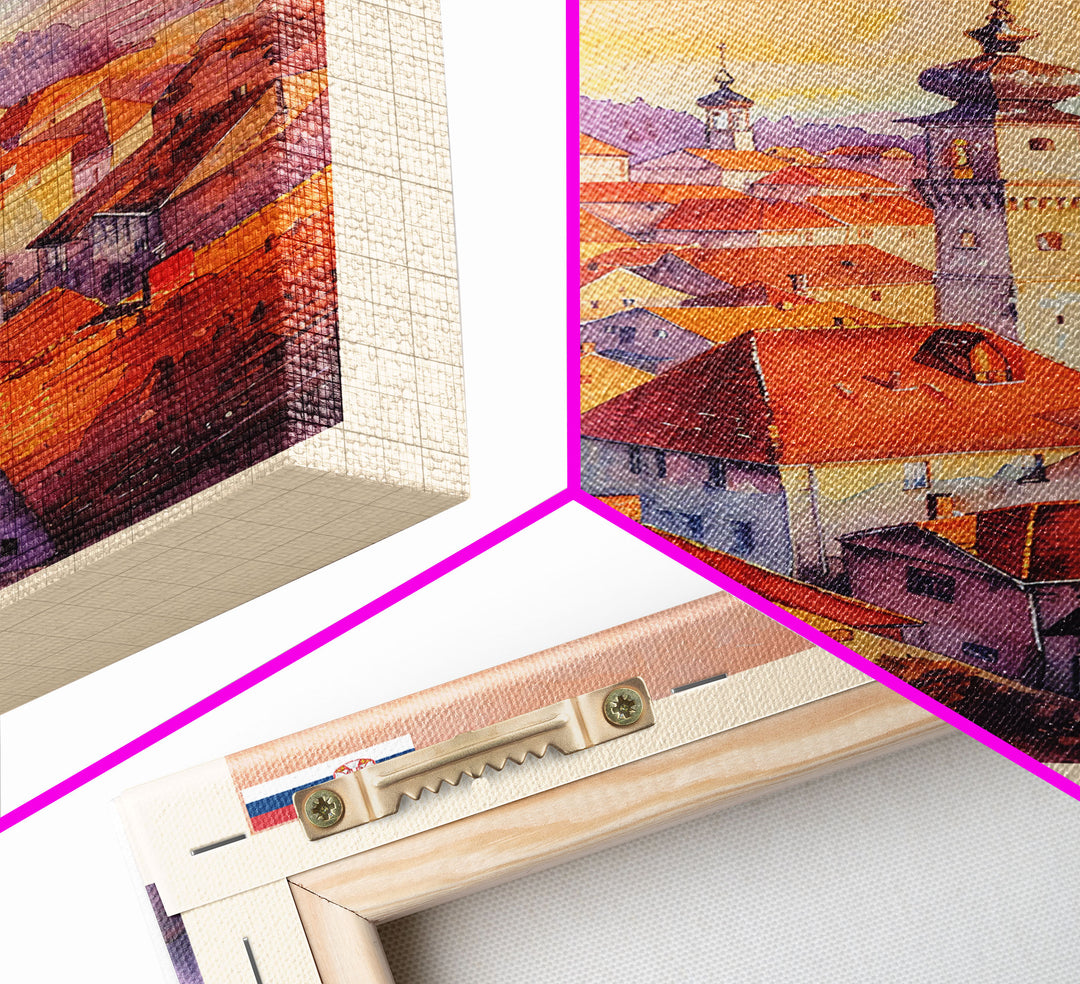 Uice Serbia Travel Poster Framed Canvas Print, Watercolor Painting, Scenic Wall Art, Home Decor, Serbian Landscape, Heritage Art