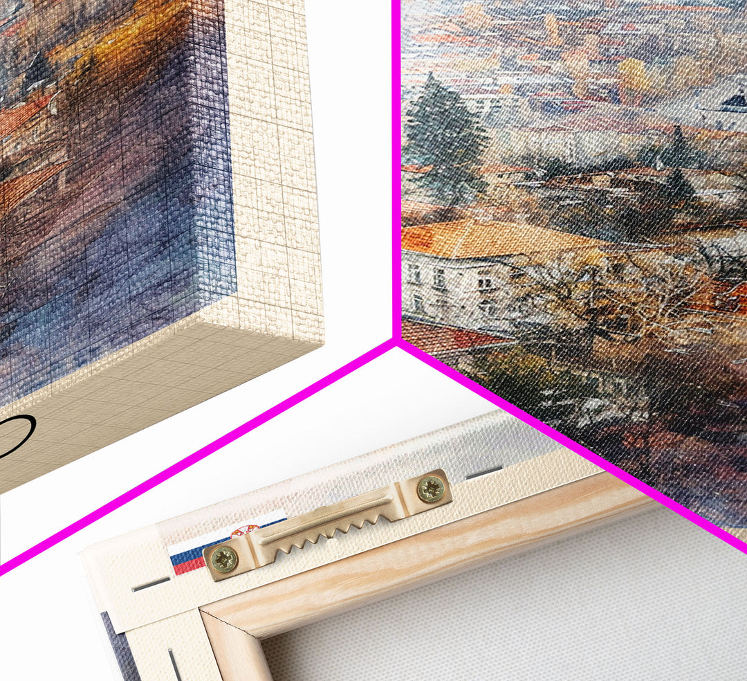 Valjevo Serbia Travel Poster Framed Canvas Print, Watercolor Painting, Scenic Wall Art, Home Decor, Serbian Landscape, Unique Art