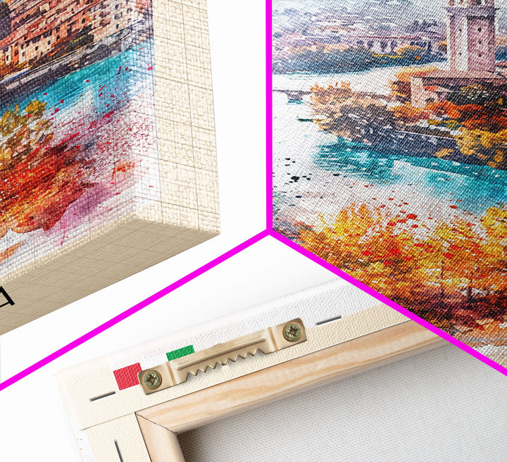 Verona Italy Travel Poster Framed Canvas Print, Watercolor Painting, Historic Wall Art, Home Decor, Italian Cityscape, Shakespearean Decor