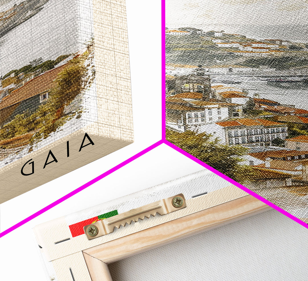 Vila Nova de Gaia Portugal Travel Poster Framed Canvas Print, Watercolor Painting, Scenic Wall Art, Home Decor, Portuguese Landscape, Vintage Art