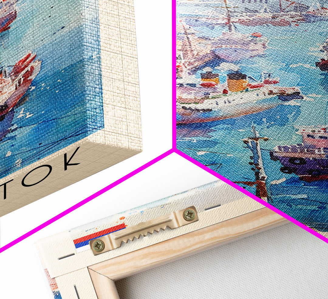 Vladivostok Russia Travel Poster Framed Canvas Print, Watercolor Painting, Coastal Wall Art, Home Decor, Russian Seaside, Nautical Art