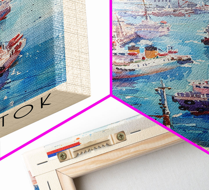 Vladivostok Russia Travel Poster Framed Canvas Print, Watercolor Painting, Coastal Wall Art, Home Decor, Russian Seaside, Nautical Art