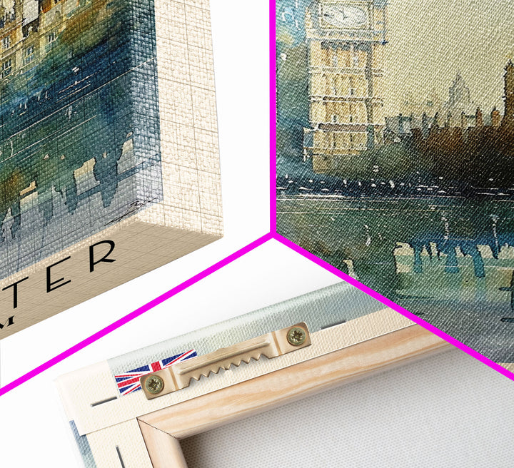 Westminster United Kingdom Travel Poster Framed Canvas Print, Watercolor Painting, Urban Wall Art, Home Decor, British Cityscape, Gift for Travelers