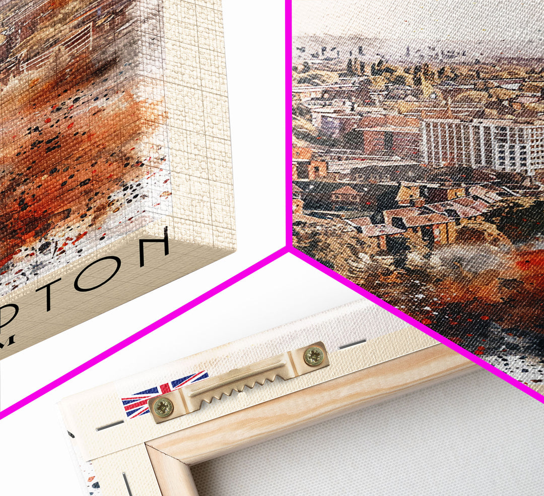 Wolverhampton United Kingdom Travel Poster Framed Canvas Print, Watercolor Painting, Urban Wall Art, Home Decor, British Cityscape, Gift for Art Lovers