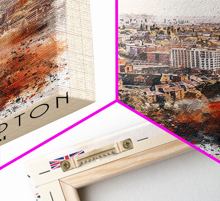 Wolverhampton United Kingdom Travel Poster Framed Canvas Print, Watercolor Painting, Urban Wall Art, Home Decor, British Cityscape, Gift for Art Lovers