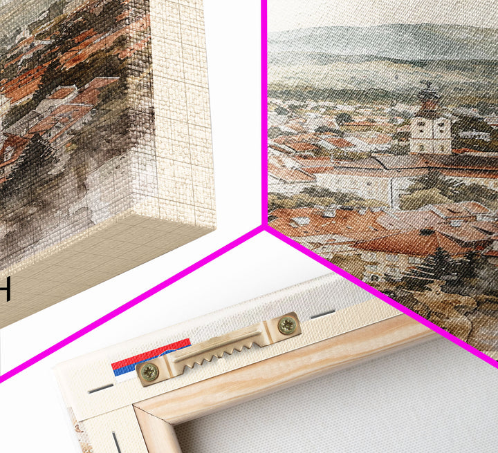 Zvolen Slovakia Travel Poster Framed Canvas Print, Watercolor Painting, Scenic Wall Art, Home Decor, Slovakian Landscape, Artistic Gift