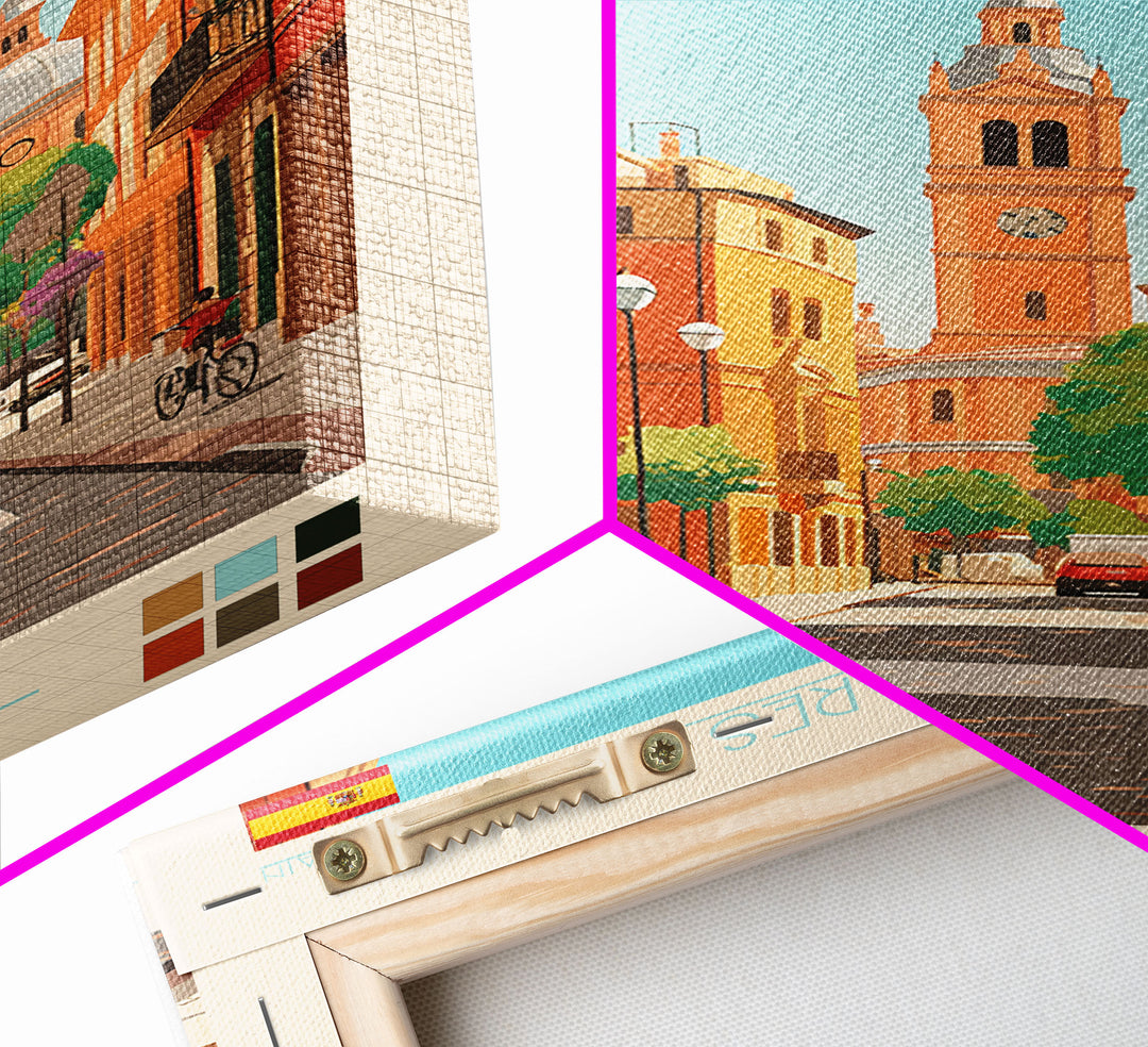 Alcalá de Henares Spain Travel Poster Framed Canvas Print, Midcentury Modern Art, Pop Art Decor, Wall Art, Vacation Gift, Living Room Decoration, Scenic Print