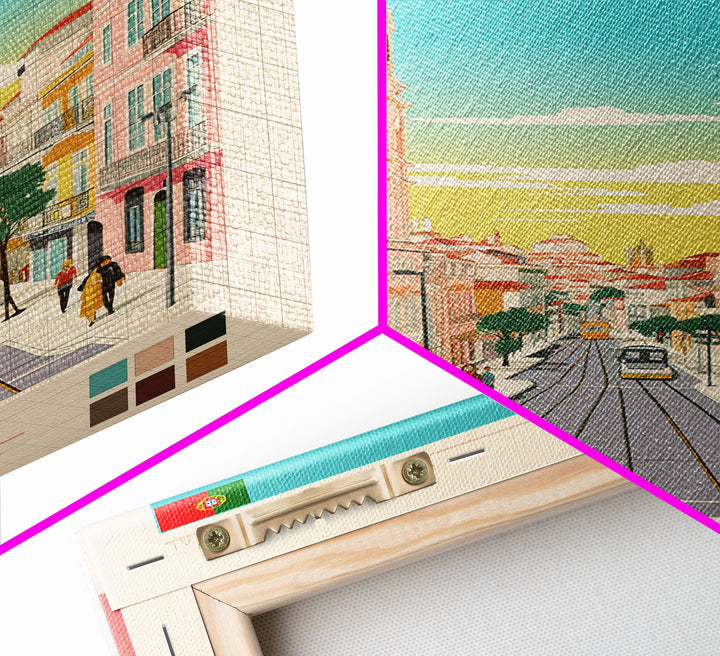 Almada Portugal Travel Poster Framed Canvas Print, Midcentury Modern Art, Pop Art Decor, Wall Art, Vacation Gift, Living Room Decoration, Scenic Print