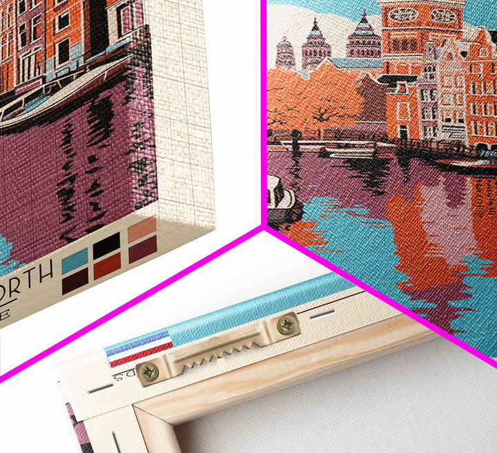 Amsterdam Netherlands Travel Poster Framed Canvas Print, Midcentury Modern Art, Pop Art Decor, Wall Art, Vacation Gift, Living Room Decoration, Scenic Print