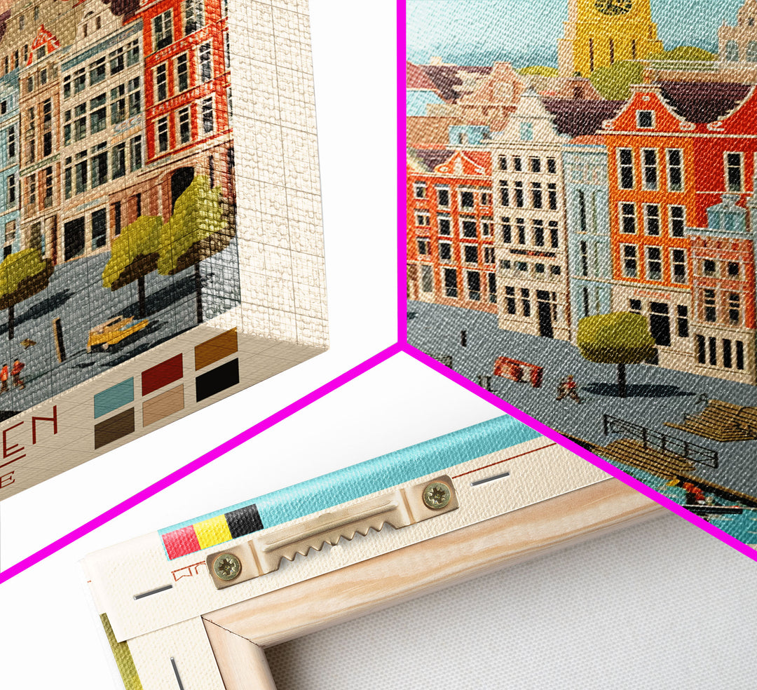 Antwerp Belgium Travel Poster Framed Canvas Print, Midcentury Modern Art, Pop Art Wall Decor, Home Decor, Vacation Gift, Living Room Art