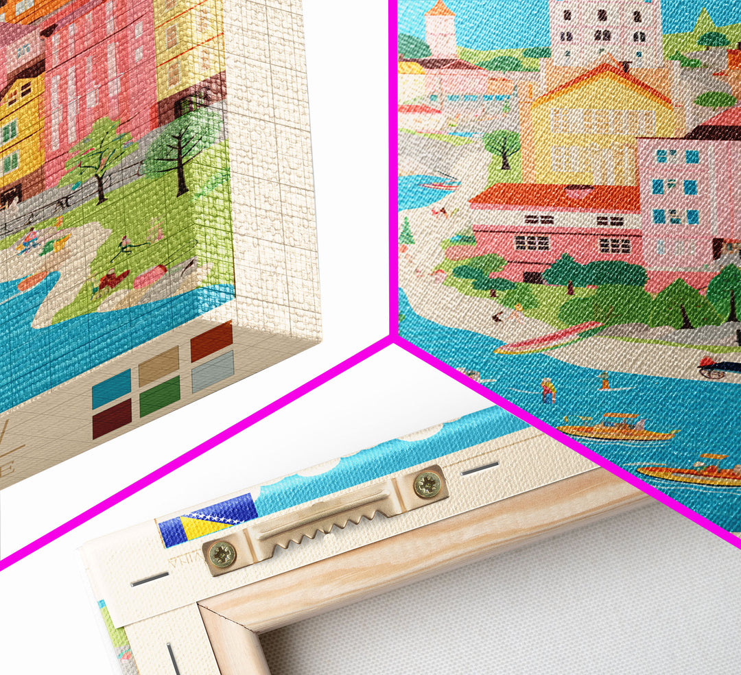 Banja Luka Bosnia Travel Poster Framed Canvas Print, Midcentury Modern Art, Pop Art Wall Decor, Home Decor, Vacation Gift, Living Room Art