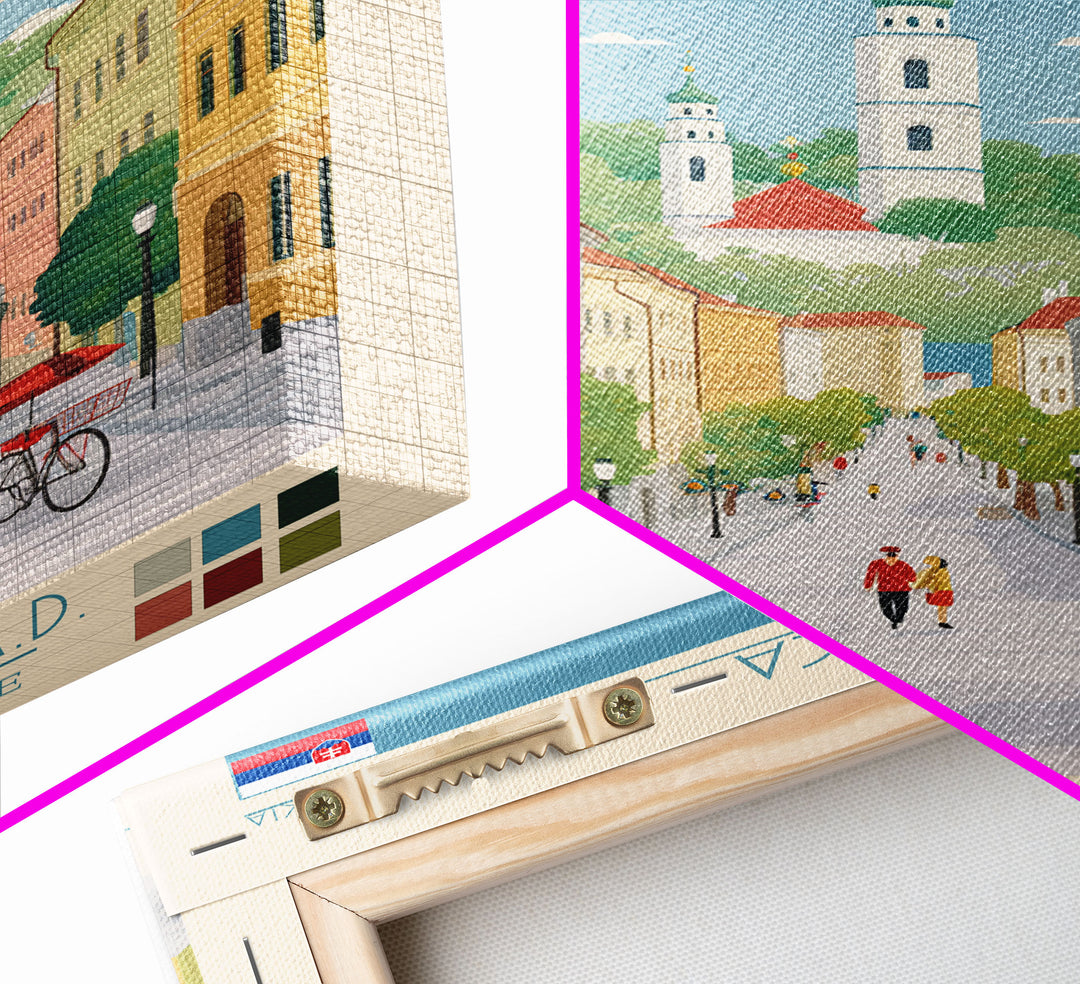 Banská Bystrica City in Slovakia Slovakia Travel Poster Framed Canvas Print, Midcentury Modern Art, Pop Art Wall Decor, Home Decor, Vacation Gift, Living Room Art