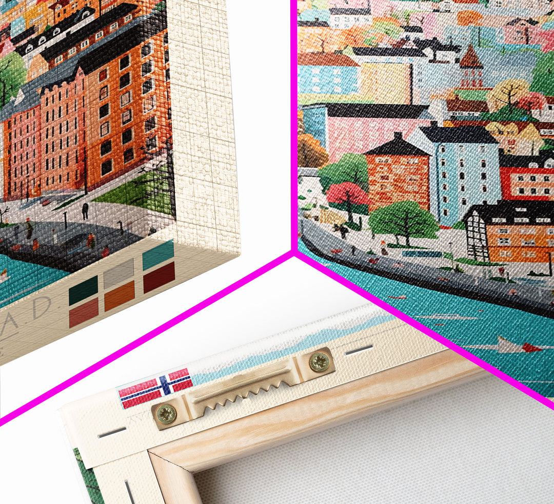 Bergen Norway Travel Poster Framed Canvas Print, Midcentury Modern Art, Pop Art Wall Decor, Home Decor, Vacation Gift, Living Room Art