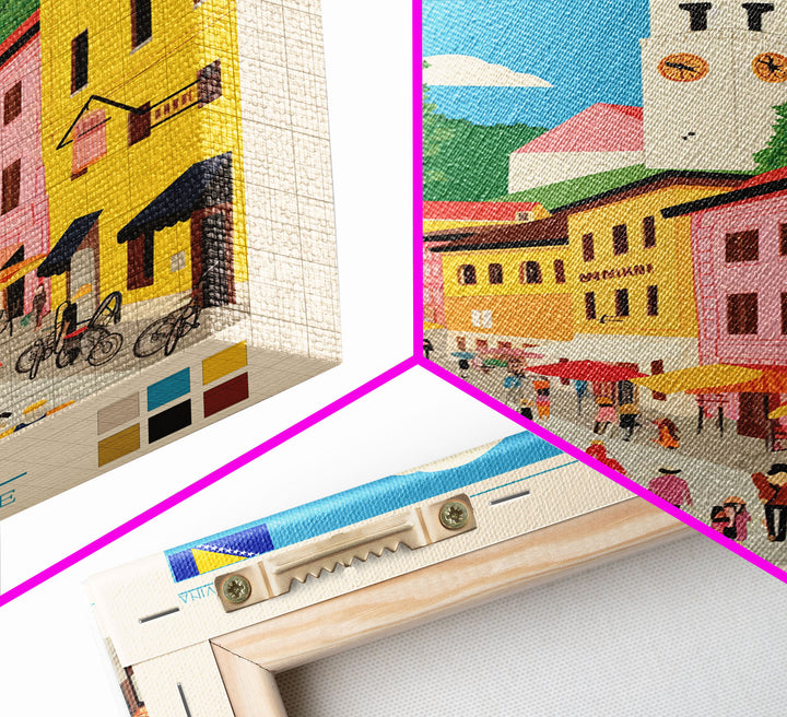 Bijeljina Bosnia Travel Poster Framed Canvas Print, Midcentury Modern Art, Pop Art Wall Decor, Home Decor, Living Room Art, Unique Gift