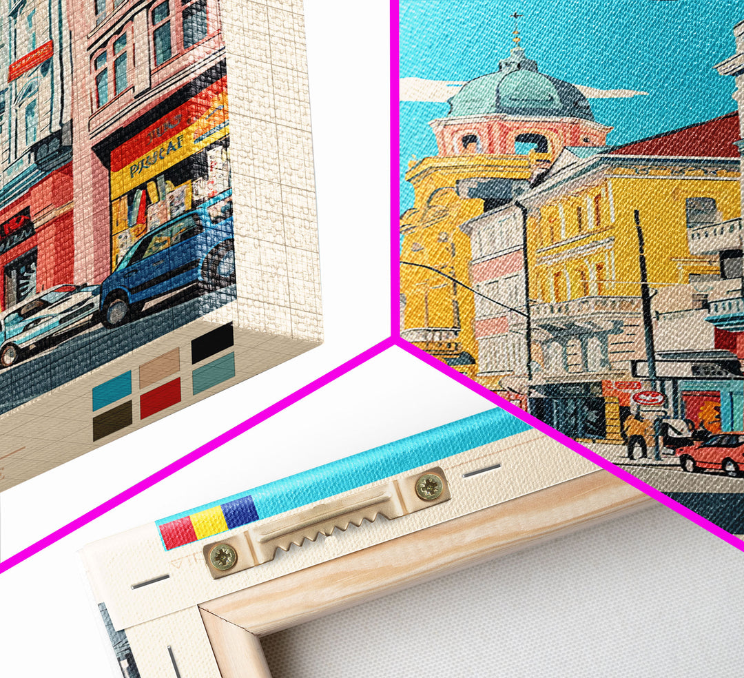 Bucharest Romania Travel Poster Framed Canvas Print, Midcentury Modern Art, Pop Art Wall Decor, Home Decor, Vacation Gift, Living Room Art