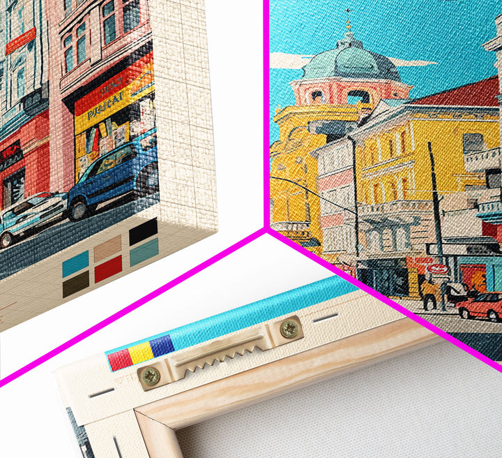 Bucharest Romania Travel Poster Framed Canvas Print, Midcentury Modern Art, Pop Art Wall Decor, Home Decor, Vacation Gift, Living Room Art