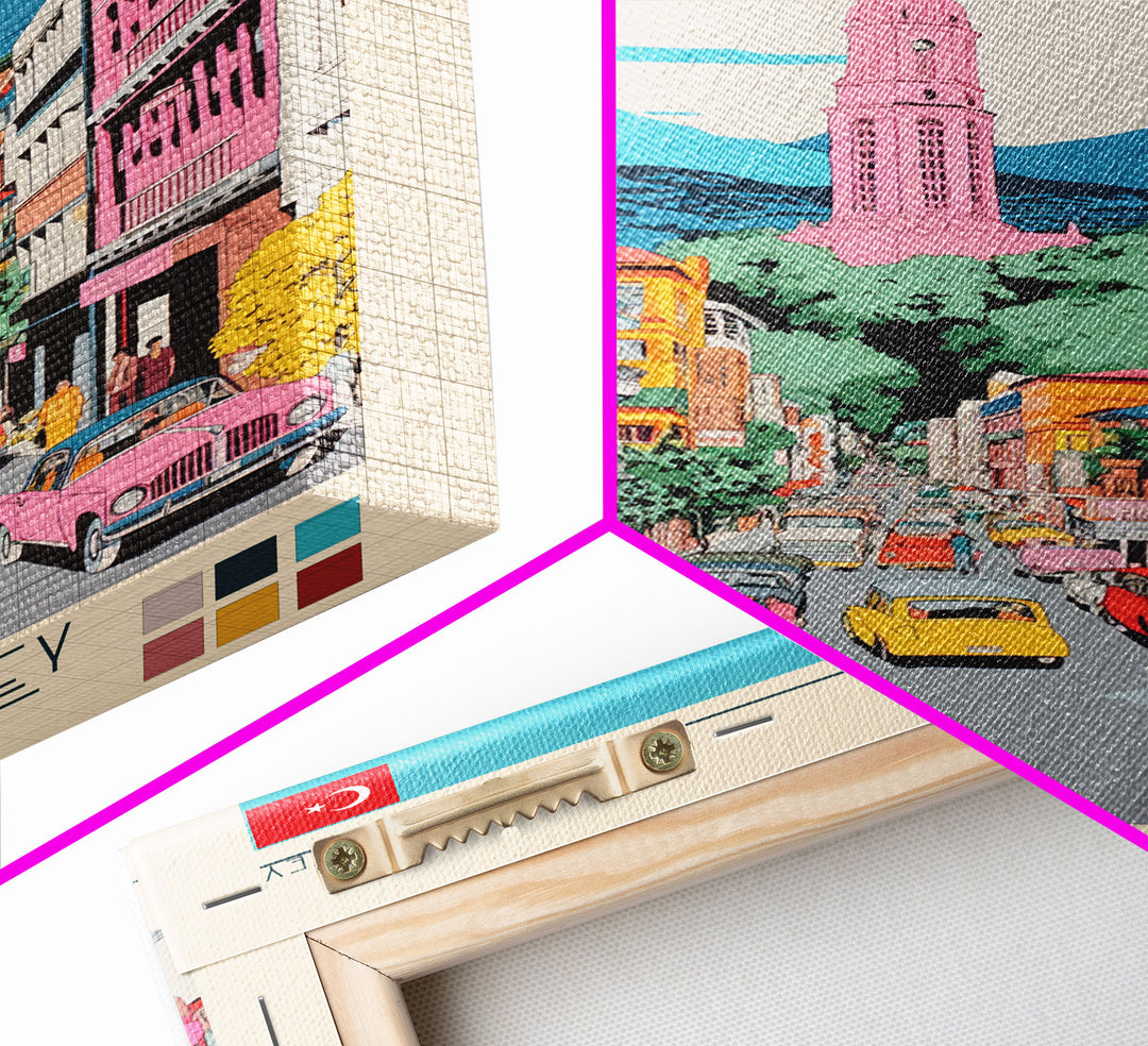 Bursa Turkey Travel Poster Framed Canvas Print, Midcentury Modern Art, Pop Art Wall Decor, Scenic Wall Art, Living Room Art