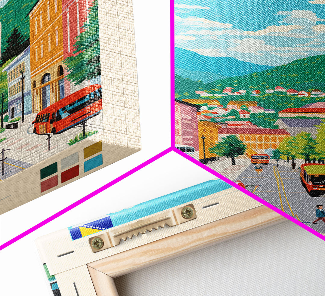 Cazin Bosnia and Herzegovina Travel Poster Framed Canvas Print, Midcentury Modern Art, Pop Art Wall Decor, Home Decor, Living Room Art