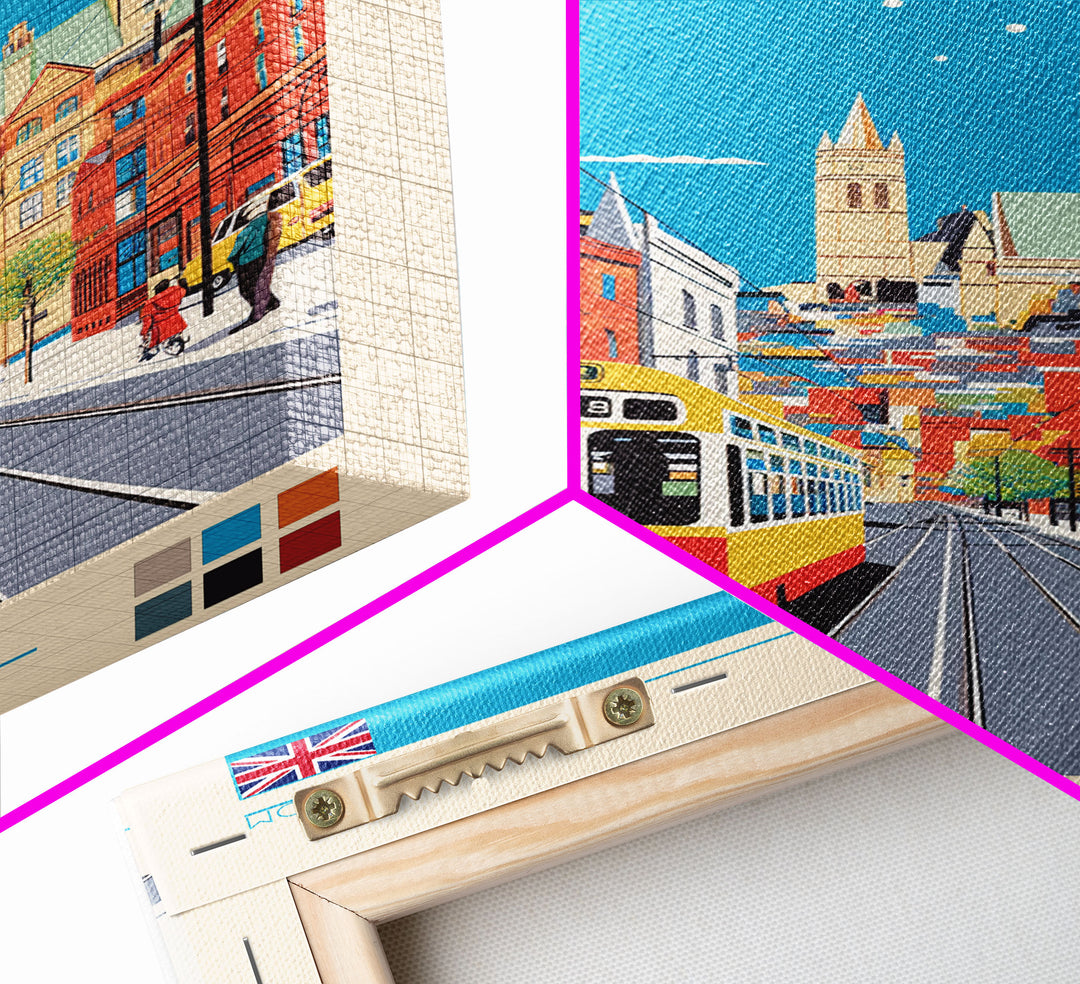 Derby United Kingdom Travel Poster Framed Canvas Print, Midcentury Modern Art, Pop Art Wall Decor, Scenic Wall Art, Living Room Art