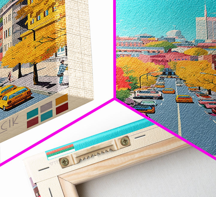 Dobrich Bulgaria Travel Poster Framed Canvas Print, Midcentury Modern Art, Pop Art Wall Decor, Home Decor, Vacation Gift, Living Room Art