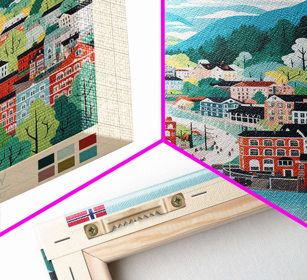 Drammen Norway Travel Poster Framed Canvas Print, Midcentury Modern Art, Pop Art Wall Decor, Home Decor, Vacation Gift, Living Room Art