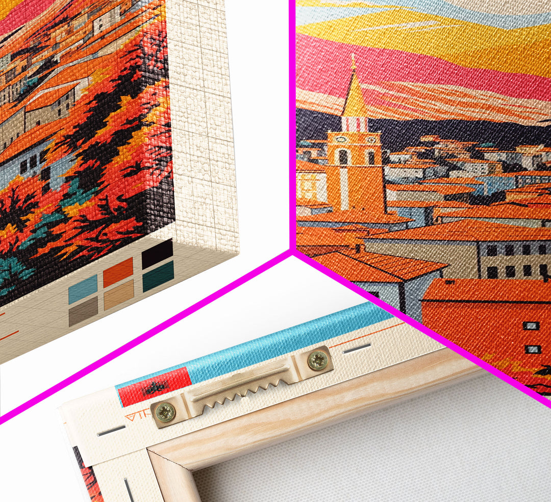 Elbasan Albania Travel Poster Framed Canvas Print, Midcentury Modern Art, Pop Art Wall Decor, Home Decor, Vacation Gift, Bedroom Art