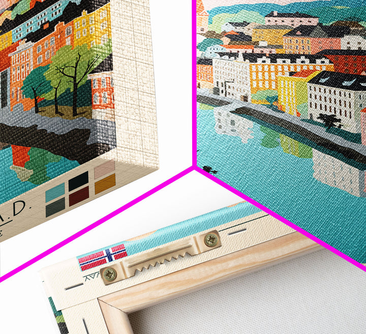 Fredrikstad Norway Travel Poster Framed Canvas Print, Midcentury Modern Art, Pop Art Wall Decor, Scenic Wall Art, Bedroom Decoration