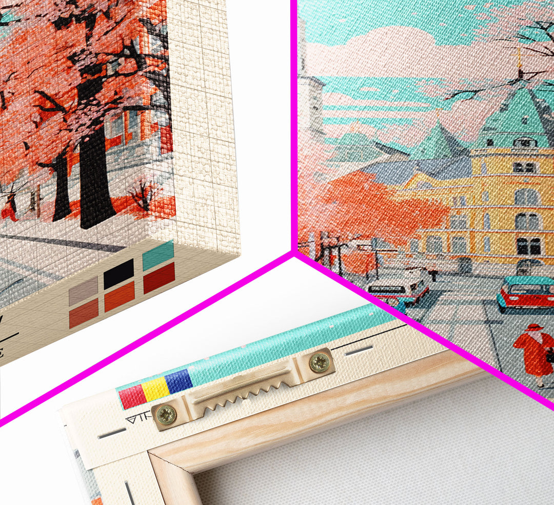 Galați Romania Travel Poster Framed Canvas Print, Midcentury Modern Art, Pop Art Wall Decor, Scenic Wall Art, Bedroom Decoration, Office Art