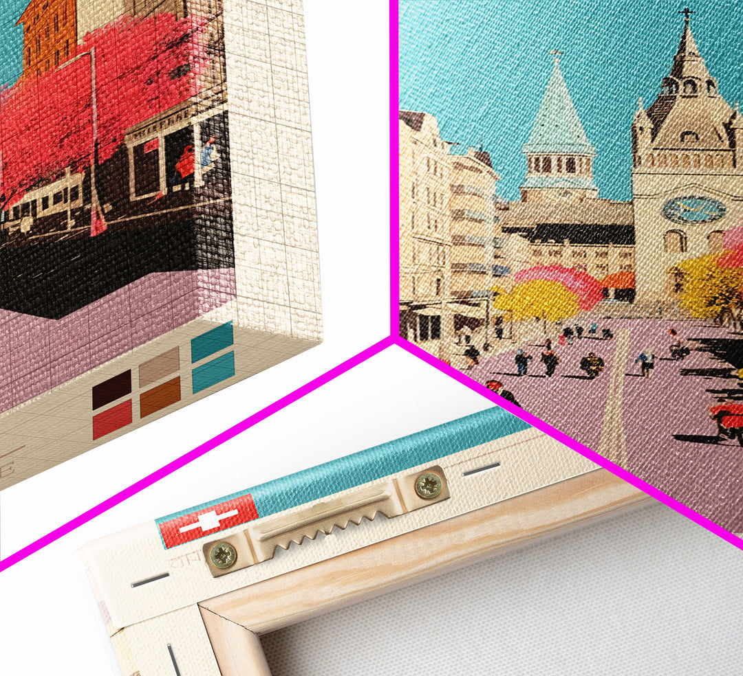 Geneva Switzerland Travel Poster Framed Canvas Print, Midcentury Modern Art, Pop Art Wall Decor, Scenic Wall Art, Living Room Decoration, Office Art