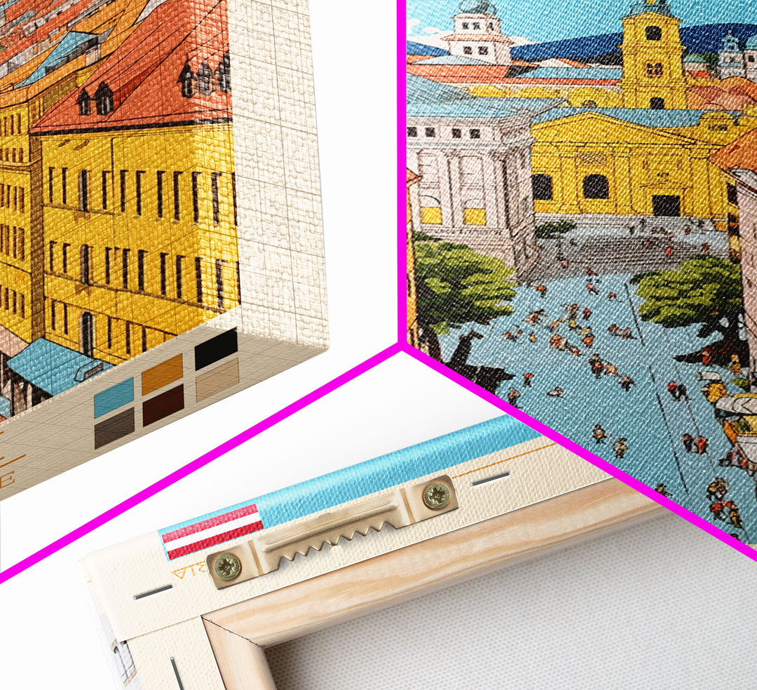 Graz Austria Travel Poster Framed Canvas Print, Vintage Style, Pop Art Home Decor, Scenic Wall Art, Bedroom Decoration, Office Gift