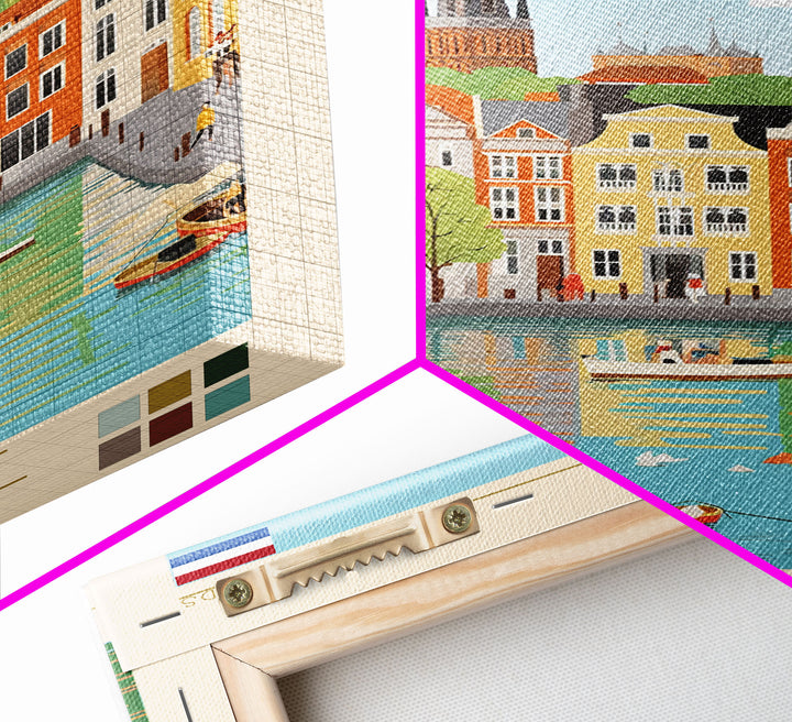 Haarlem Netherlands Travel Poster Framed Canvas Print, Midcentury Modern Art, Pop Art Wall Decor, Scenic Bedroom Art, Office Decoration