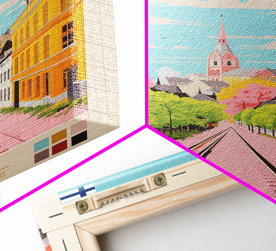 Hämeenlinna City in Finland Finland Travel Poster Framed Canvas Print, Midcentury Modern Art, Pop Art Wall Decor, Home Decor, Vacation Gift, Bedroom Art