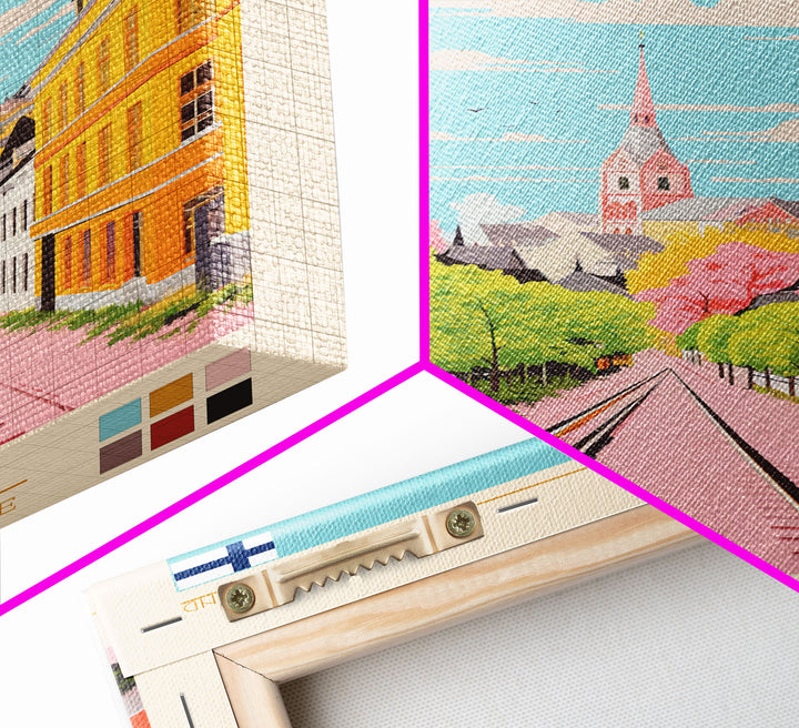 Hämeenlinna City in Finland Finland Travel Poster Framed Canvas Print, Midcentury Modern Art, Pop Art Wall Decor, Home Decor, Vacation Gift, Bedroom Art