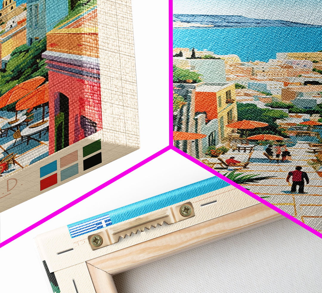 Heraklion Greece Travel Poster Framed Canvas Print, Midcentury Modern Art, Pop Art Wall Decor, Scenic Living Room Art, Bedroom Decor