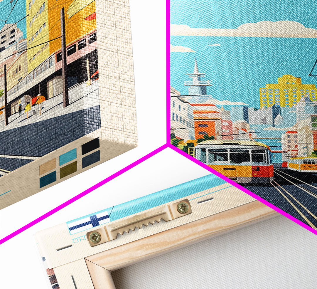 Joensuu Finland Travel Poster Framed Canvas Print, Midcentury Modern Art, Pop Art Wall Decor, Scenic Living Room Art, Bedroom Decor