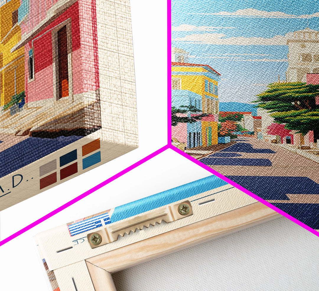 Kalamaria Greece Travel Poster Framed Canvas Print, Midcentury Modern Art, Pop Art Wall Decor, Scenic Wall Art, Living Room Decoration, Office Art