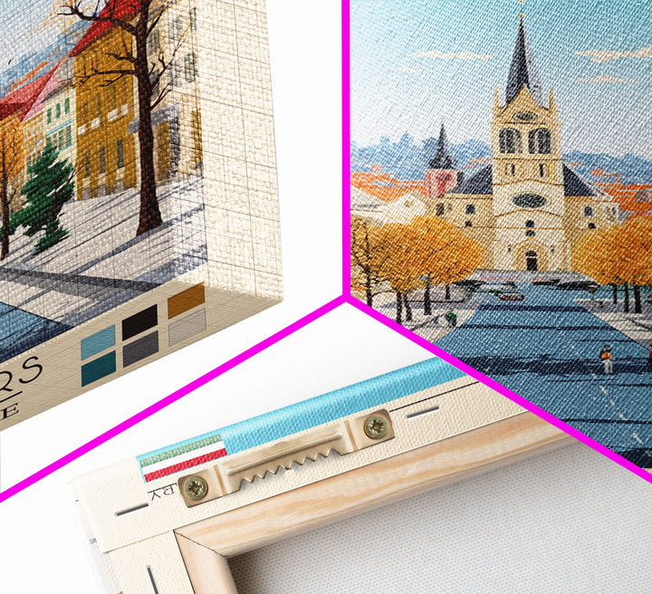 Kaposvár Hungary Travel Poster Framed Canvas Print, Midcentury Modern Art, Pop Art Wall Decor, Scenic Bedroom Art, Office Decoration