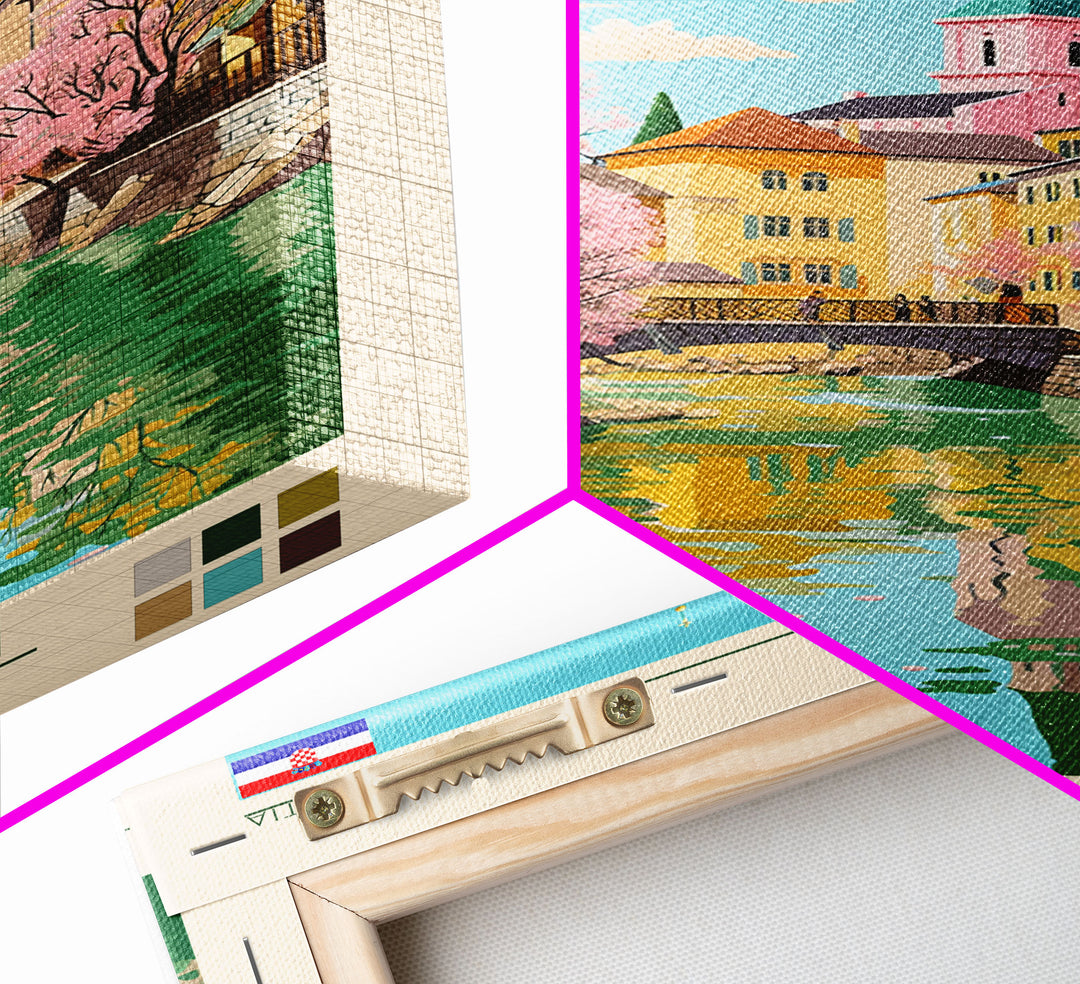 Karlovac Croatia Travel Poster Framed Canvas Print, Midcentury Modern Art, Pop Art Wall Decor, Scenic Living Room Art, Bedroom Decor