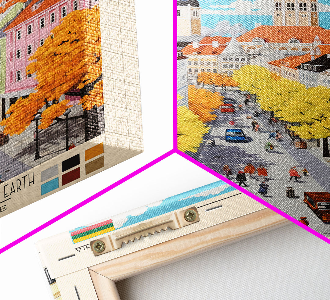 Kaunas Lithuania Travel Poster Framed Canvas Print, Midcentury Modern Art, Pop Art Wall Decor, Scenic Living Room Art, Bedroom Gift