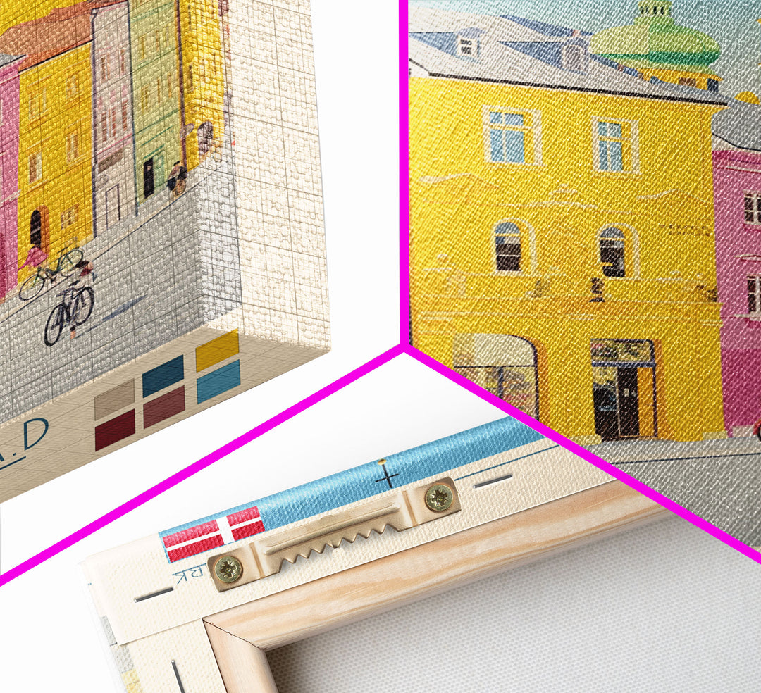 Kolding Denmark Travel Poster Framed Canvas Print, Midcentury Modern Art, Pop Art Wall Decor, Scenic Living Room Art, Bedroom Gift