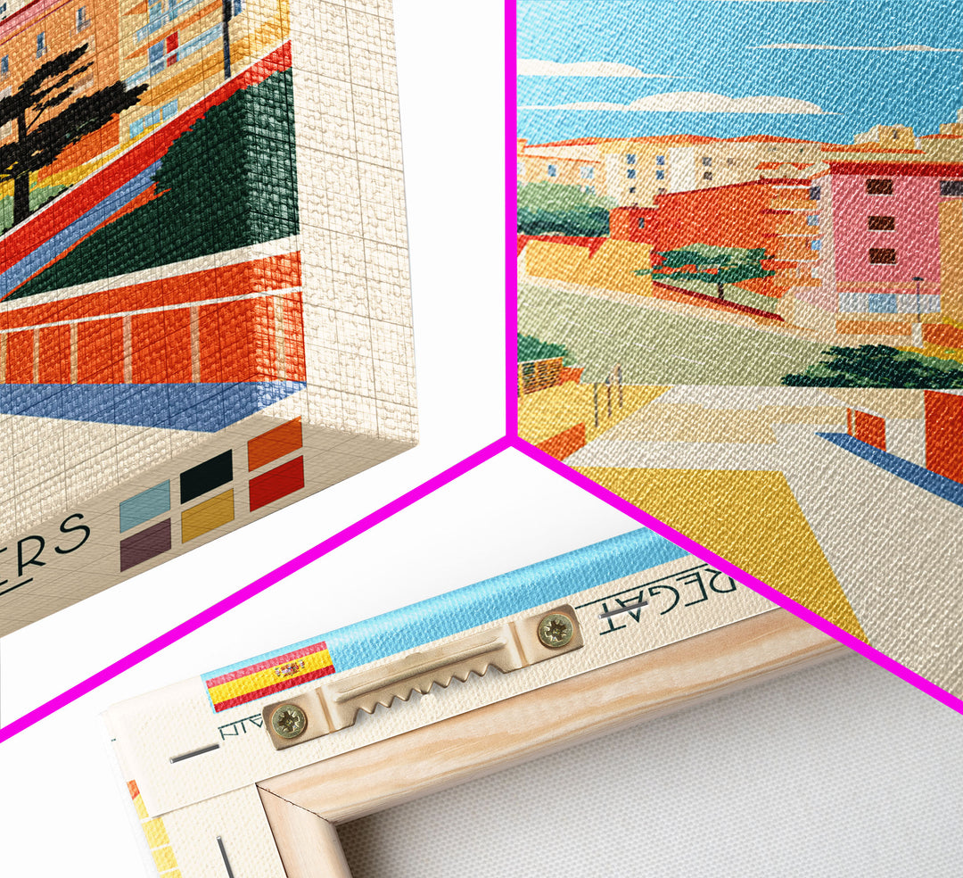 L'Hospitalet de Llobregat Spain Travel Poster Framed Canvas Print, Midcentury Modern Art, Pop Art Wall Decor, Home Decor, Vacation Gift, Office Art