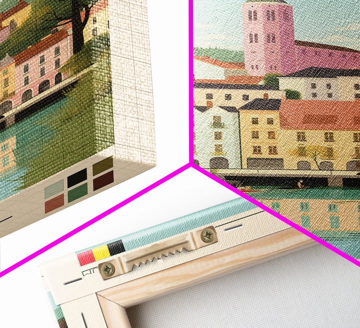 La Louvière Belgium Travel Poster Framed Canvas Print, Midcentury Modern Art, Pop Art Wall Decor, Scenic Living Room Art, Bedroom Gift