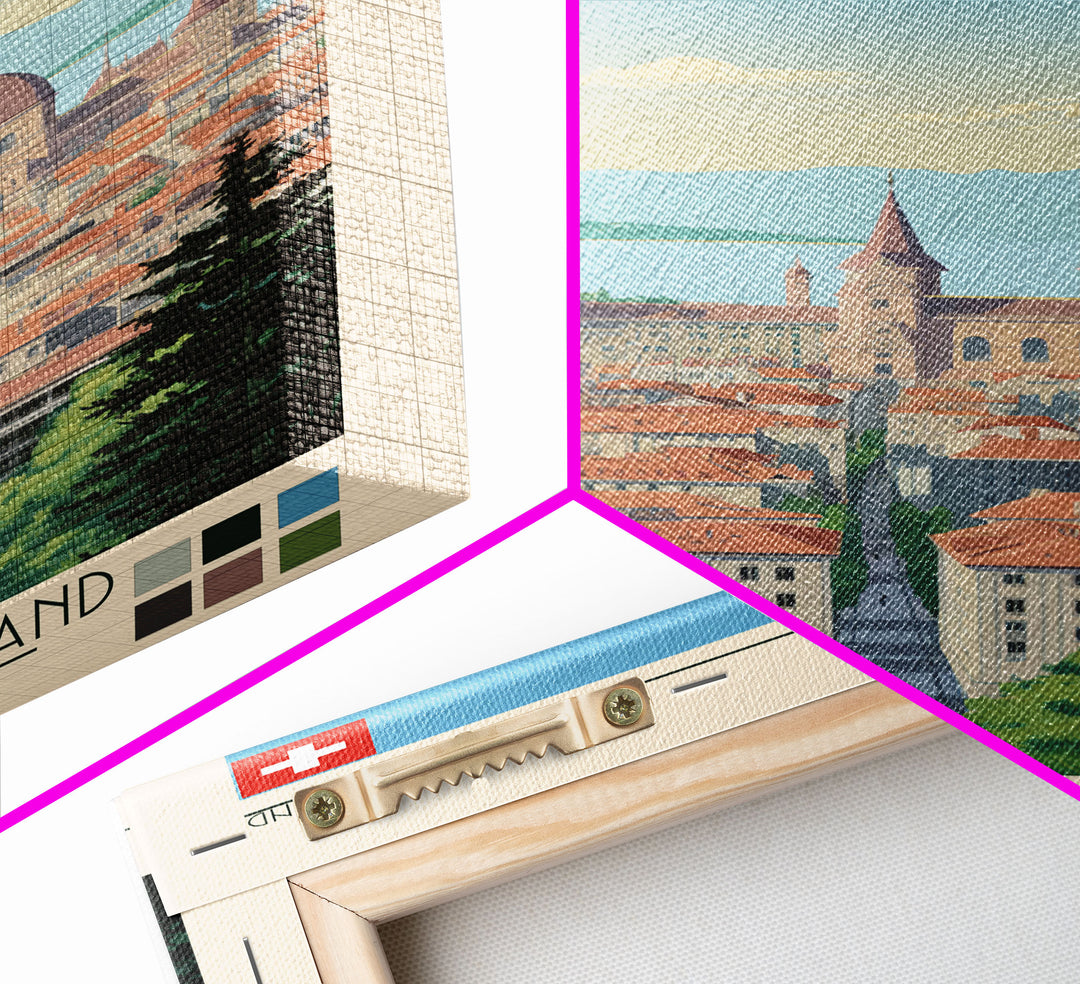 Lausanne Switzerland Travel Poster Framed Canvas Print, Midcentury Modern Art, Pop Art Wall Decor, Scenic Wall Art, Living Room Decoration, Office Art