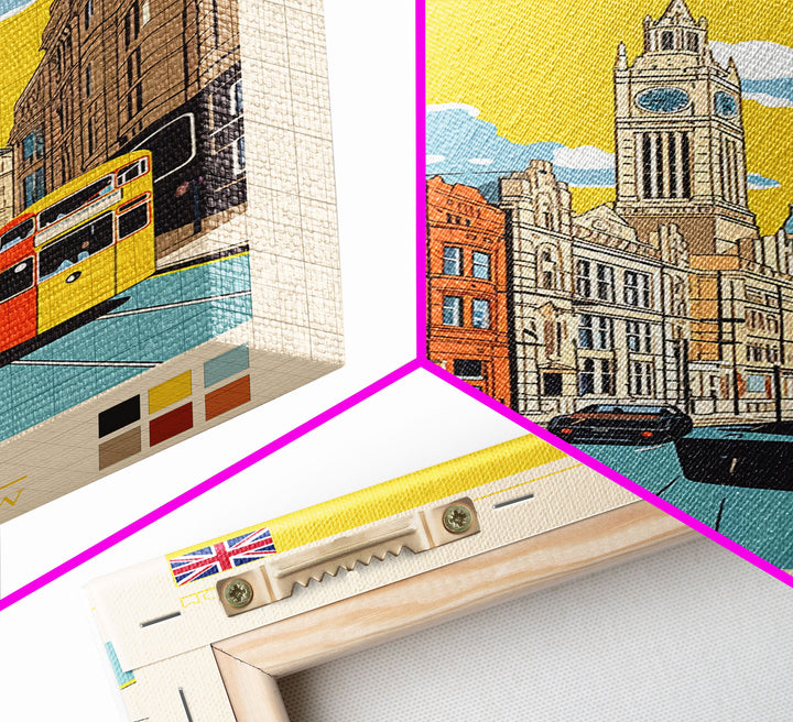 Leeds United Kingdom Travel Poster Framed Canvas Print, Midcentury Modern Art, Pop Art Wall Decor, Scenic Living Room Art, Bedroom Decor