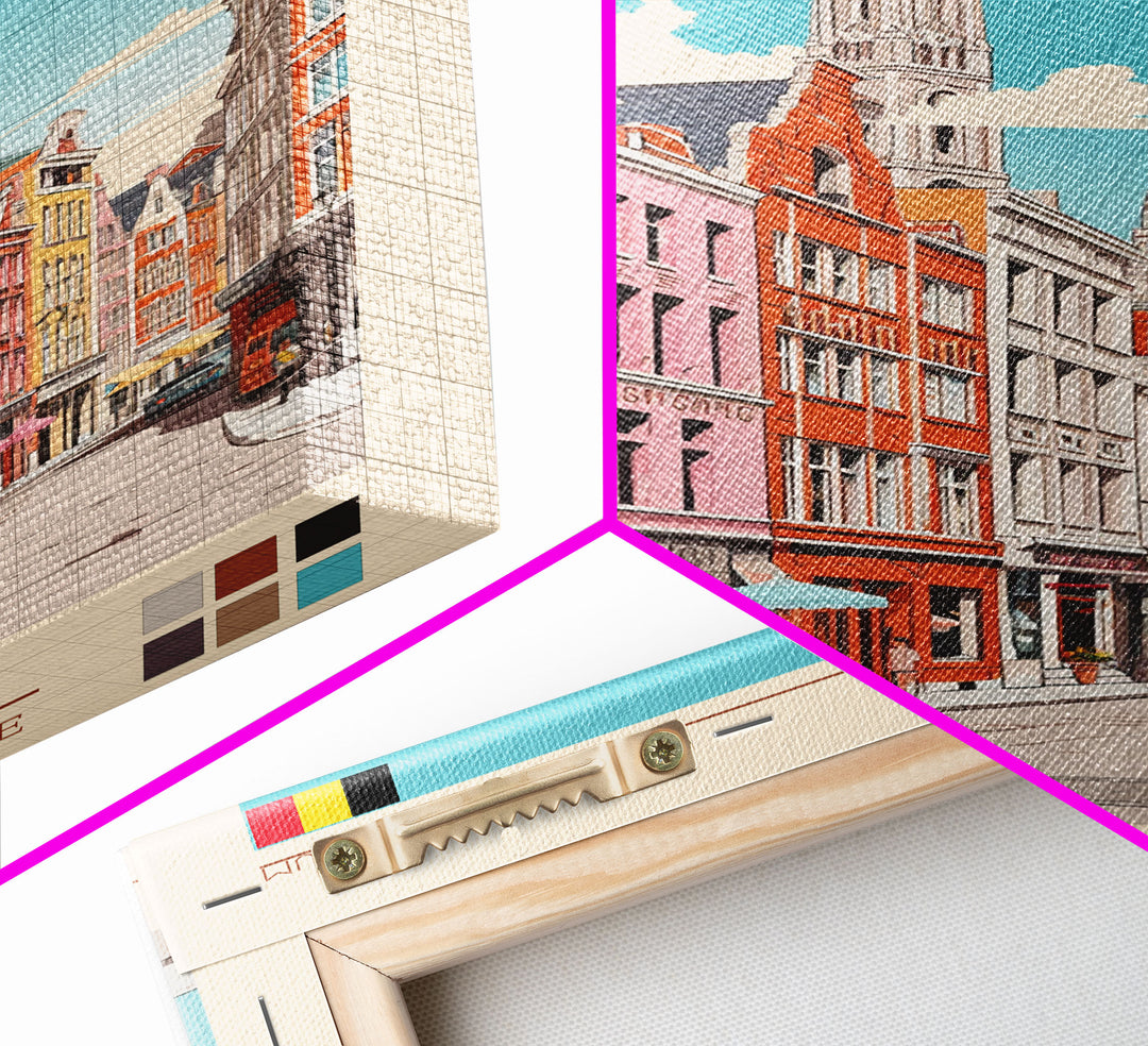 Liège Belgium Travel Poster Framed Canvas Print, Midcentury Modern Art, Pop Art Wall Decor, Scenic Art, Home and Office Decoration