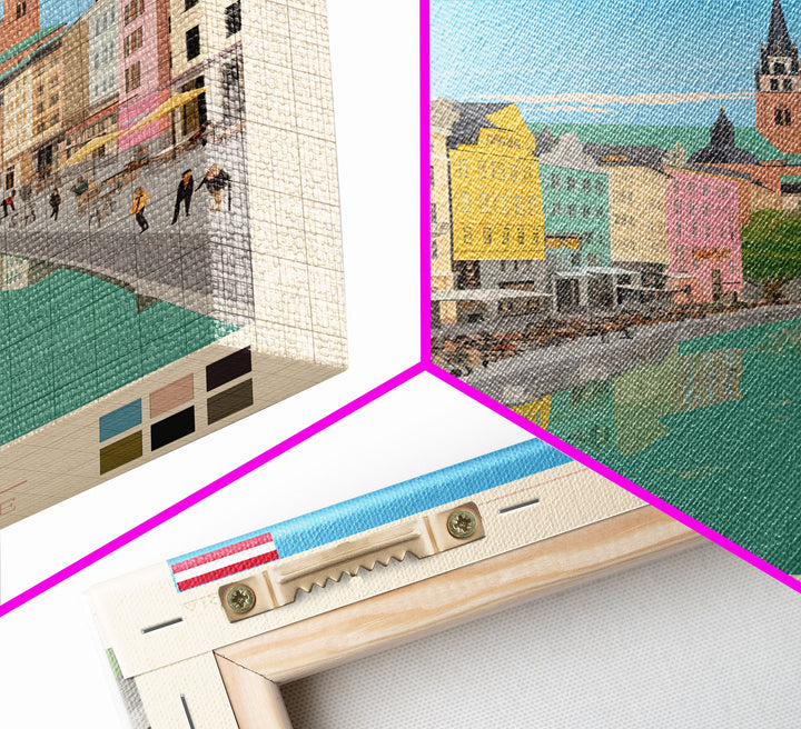 Linz Austria Travel Poster Framed Canvas Print, Wall Decor, Midcentury Modern Art, Pop Art, Scenic Art for Bedroom and Living Room